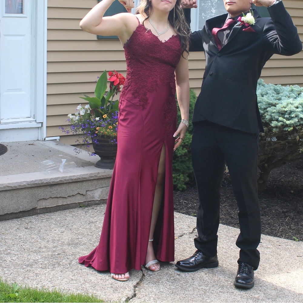 Maroon Prom Dress with Lace Embellishments